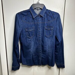 Women’s Dark Blue Denim Button-Down Shirt with Stud Embellishment
